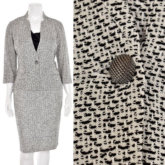 St. John Knits 2Pc Jacket & Skirt Suit in Bright White/Black Stitch sz 14/16